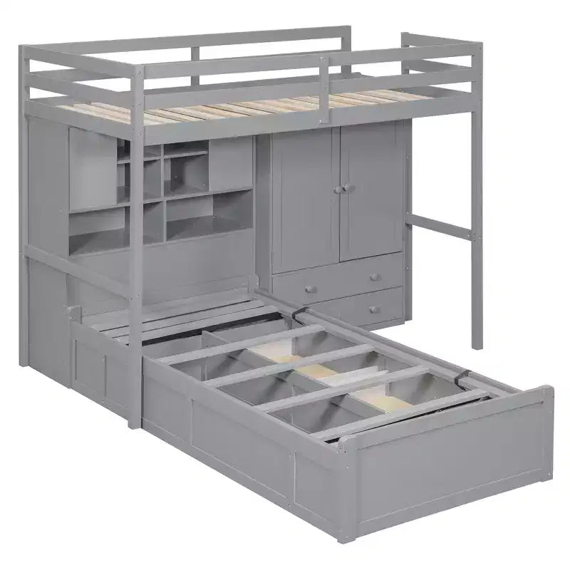 Twin Bunk Bed with Wardrobe and Drawers, Loft Bed Frame with Storage Shelves and Hydraulic Bed for Kids Adults
