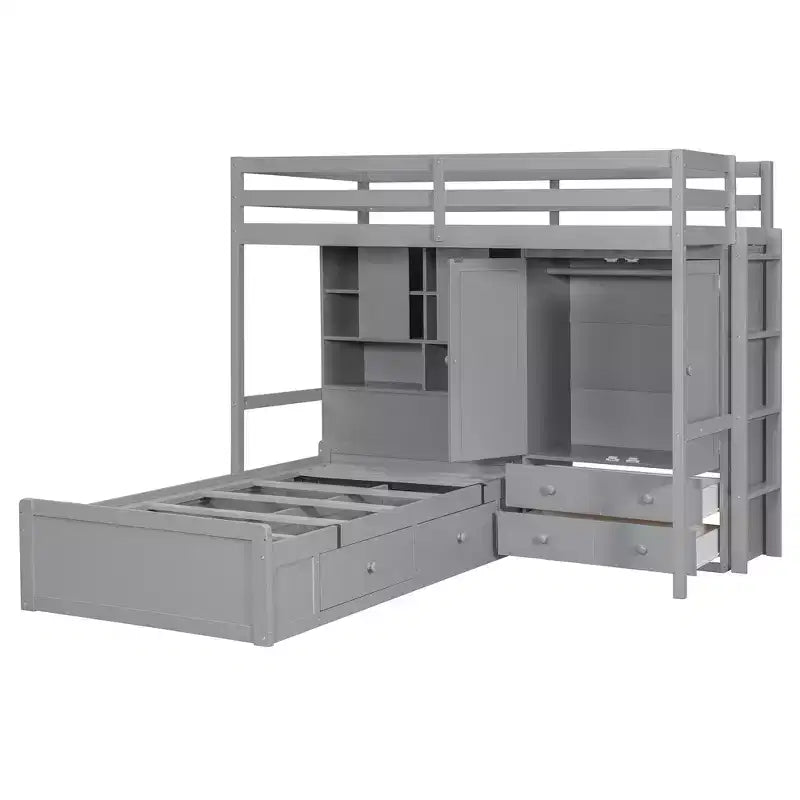 Twin Bunk Bed with Wardrobe and Drawers, Loft Bed Frame with Storage Shelves and Hydraulic Bed for Kids Adults