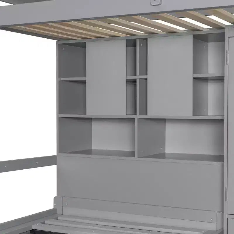 Twin Bunk Bed with Wardrobe and Drawers, Loft Bed Frame with Storage Shelves and Hydraulic Bed for Kids Adults