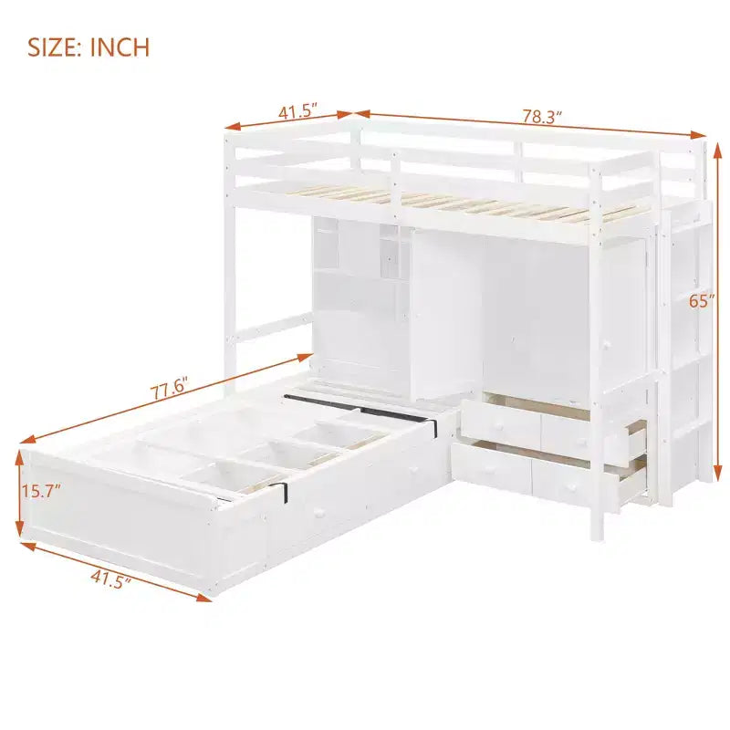 Twin Bunk Bed with Wardrobe and Drawers, Loft Bed Frame with Storage Shelves and Hydraulic Bed for Kids Adults