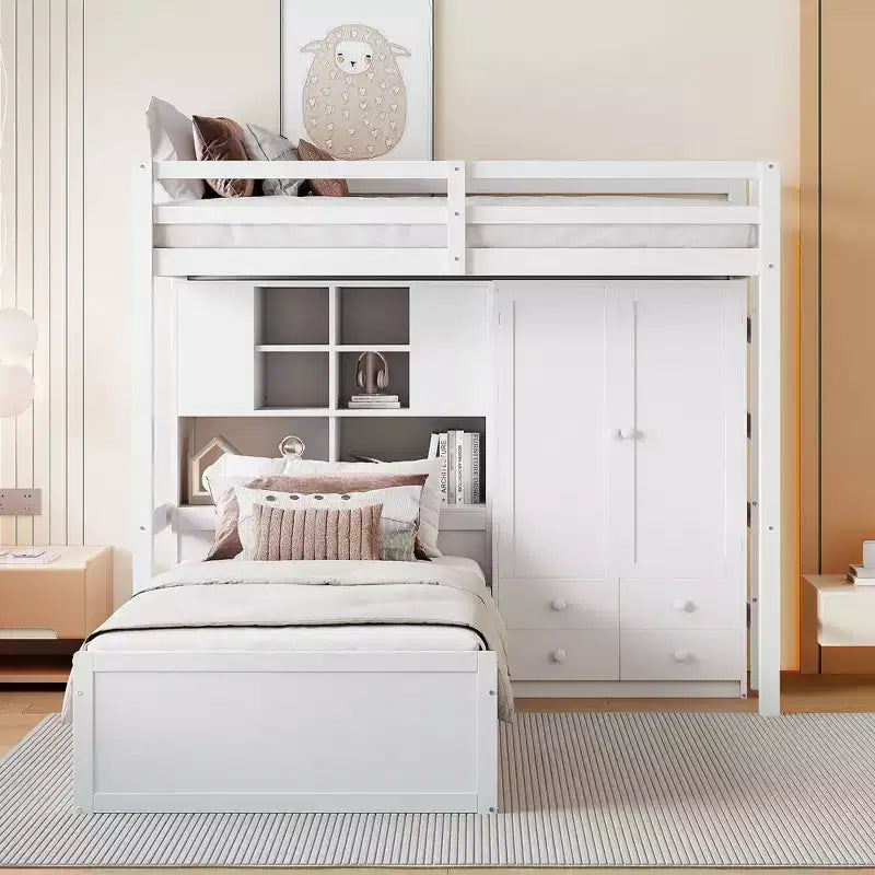 Twin Bunk Bed with Wardrobe and Drawers, Loft Bed Frame with Storage Shelves and Hydraulic Bed for Kids Adults