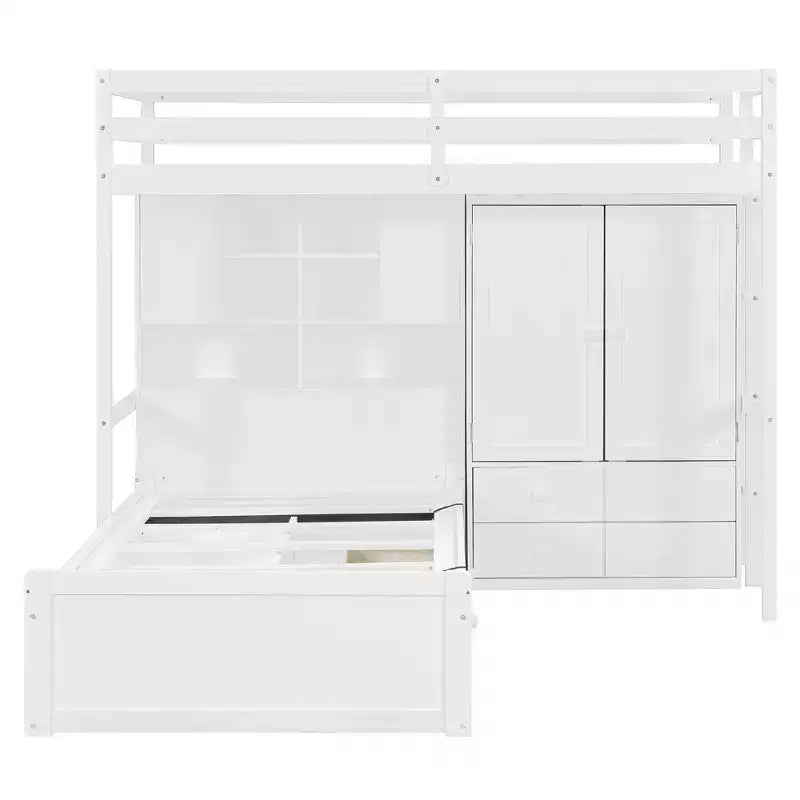 Twin Bunk Bed with Wardrobe and Drawers, Loft Bed Frame with Storage Shelves and Hydraulic Bed for Kids Adults