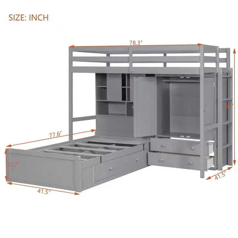 Twin Bunk Bed with Wardrobe and Drawers, Loft Bed Frame with Storage Shelves and Hydraulic Bed for Kids Adults