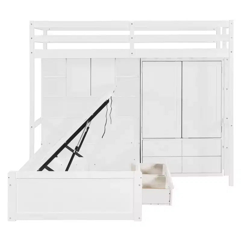 Twin Bunk Bed with Wardrobe and Drawers, Loft Bed Frame with Storage Shelves and Hydraulic Bed for Kids Adults