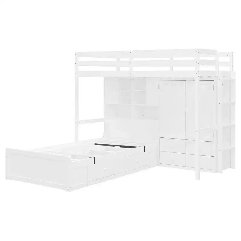 Twin Bunk Bed with Wardrobe and Drawers, Loft Bed Frame with Storage Shelves and Hydraulic Bed for Kids Adults