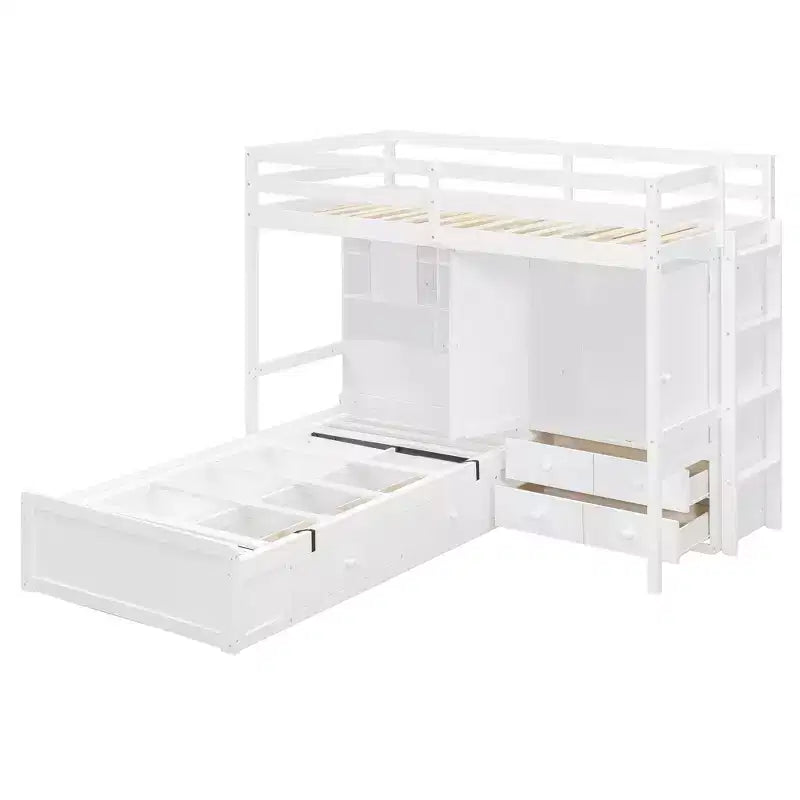 Twin Bunk Bed with Wardrobe and Drawers, Loft Bed Frame with Storage Shelves and Hydraulic Bed for Kids Adults