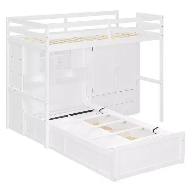 Twin Bunk Bed with Wardrobe and Drawers, Loft Bed Frame with Storage Shelves and Hydraulic Bed for Kids Adults