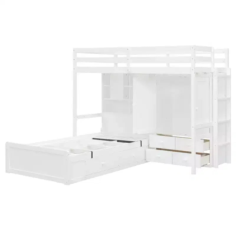 Twin Bunk Bed with Wardrobe and Drawers, Loft Bed Frame with Storage Shelves and Hydraulic Bed for Kids Adults