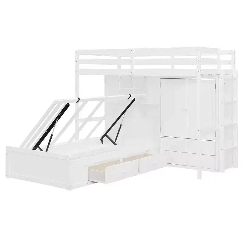 Twin Bunk Bed with Wardrobe and Drawers, Loft Bed Frame with Storage Shelves and Hydraulic Bed for Kids Adults