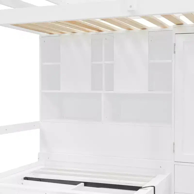 Twin Bunk Bed with Wardrobe and Drawers, Loft Bed Frame with Storage Shelves and Hydraulic Bed for Kids Adults
