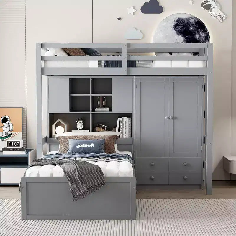 Twin Bunk Bed with Wardrobe and Drawers, Loft Bed Frame with Storage Shelves and Hydraulic Bed for Kids Adults