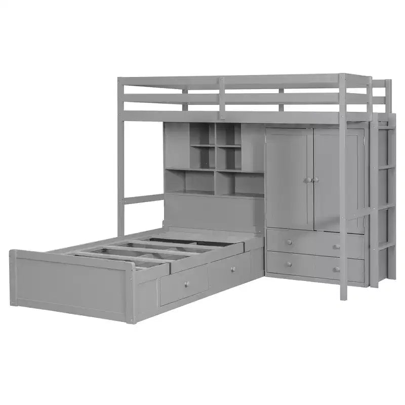 Twin Bunk Bed with Wardrobe and Drawers, Loft Bed Frame with Storage Shelves and Hydraulic Bed for Kids Adults