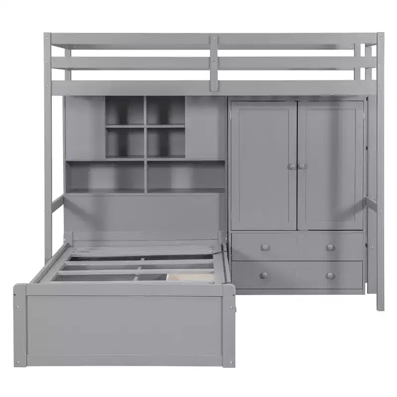 Twin Bunk Bed with Wardrobe and Drawers, Loft Bed Frame with Storage Shelves and Hydraulic Bed for Kids Adults