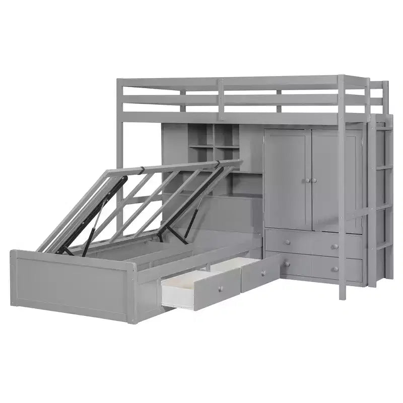 Twin Bunk Bed with Wardrobe and Drawers, Loft Bed Frame with Storage Shelves and Hydraulic Bed for Kids Adults