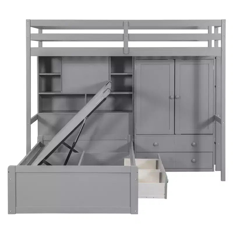 Twin Bunk Bed with Wardrobe and Drawers, Loft Bed Frame with Storage Shelves and Hydraulic Bed for Kids Adults