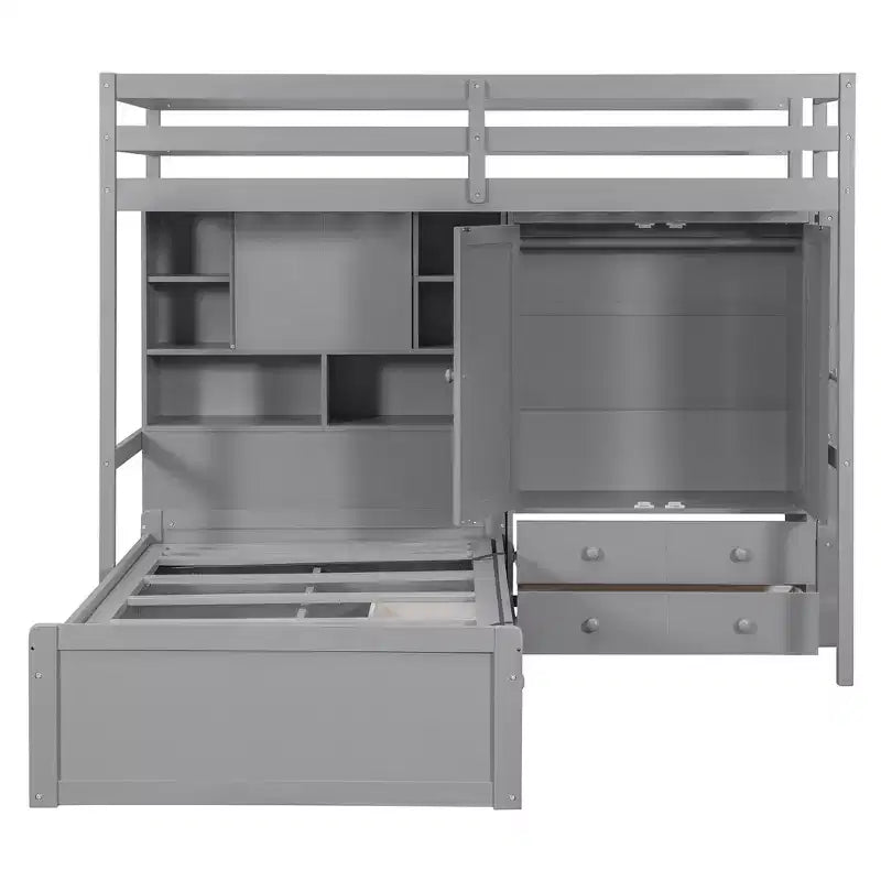 Twin Bunk Bed with Wardrobe and Drawers, Loft Bed Frame with Storage Shelves and Hydraulic Bed for Kids Adults