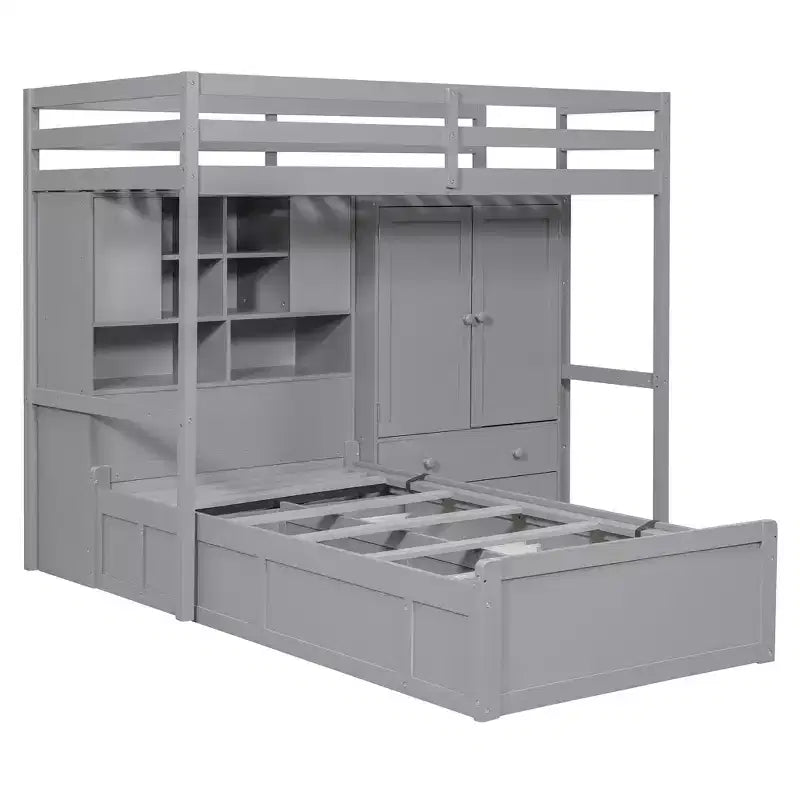 Twin Bunk Bed with Wardrobe and Drawers, Loft Bed Frame with Storage Shelves and Hydraulic Bed for Kids Adults