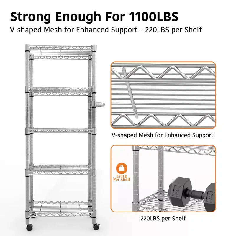 5 Tier Metal Shelving Unit with Wheels, 1100LBS Heavy Duty Wire Rack Storage Organizer with Handle & Adjustable Feet