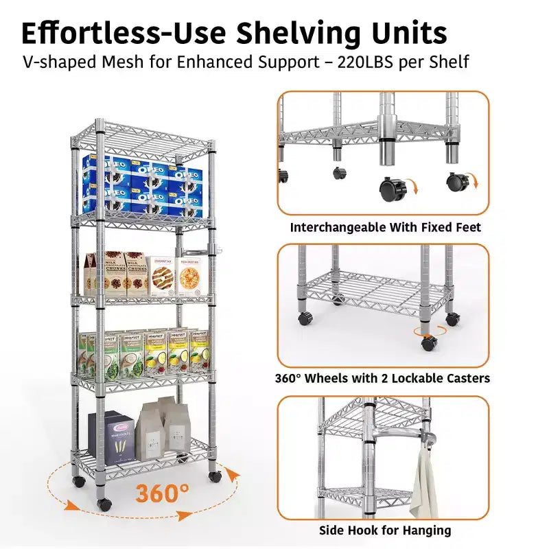 5 Tier Metal Shelving Unit with Wheels, 1100LBS Heavy Duty Wire Rack Storage Organizer with Handle & Adjustable Feet