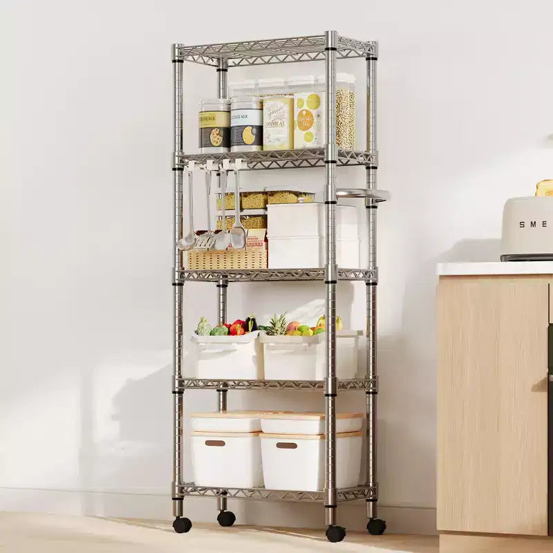 5 Tier Metal Shelving Unit with Wheels, 1100LBS Heavy Duty Wire Rack Storage Organizer with Handle & Adjustable Feet