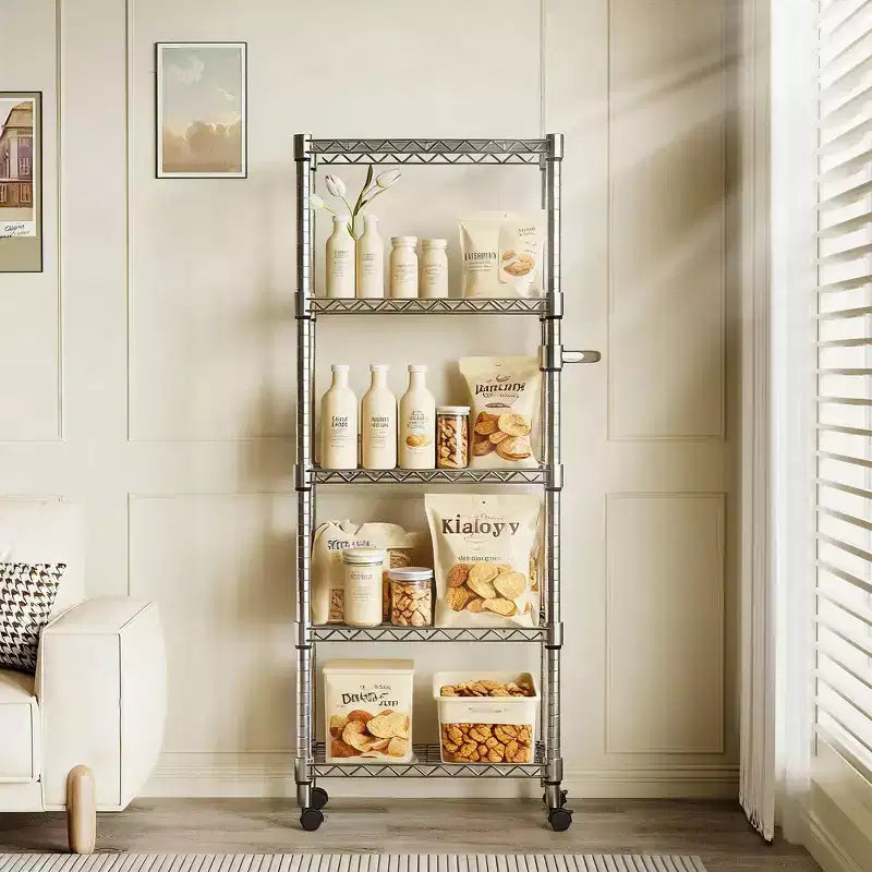 5 Tier Metal Shelving Unit with Wheels, 1100LBS Heavy Duty Wire Rack Storage Organizer with Handle & Adjustable Feet