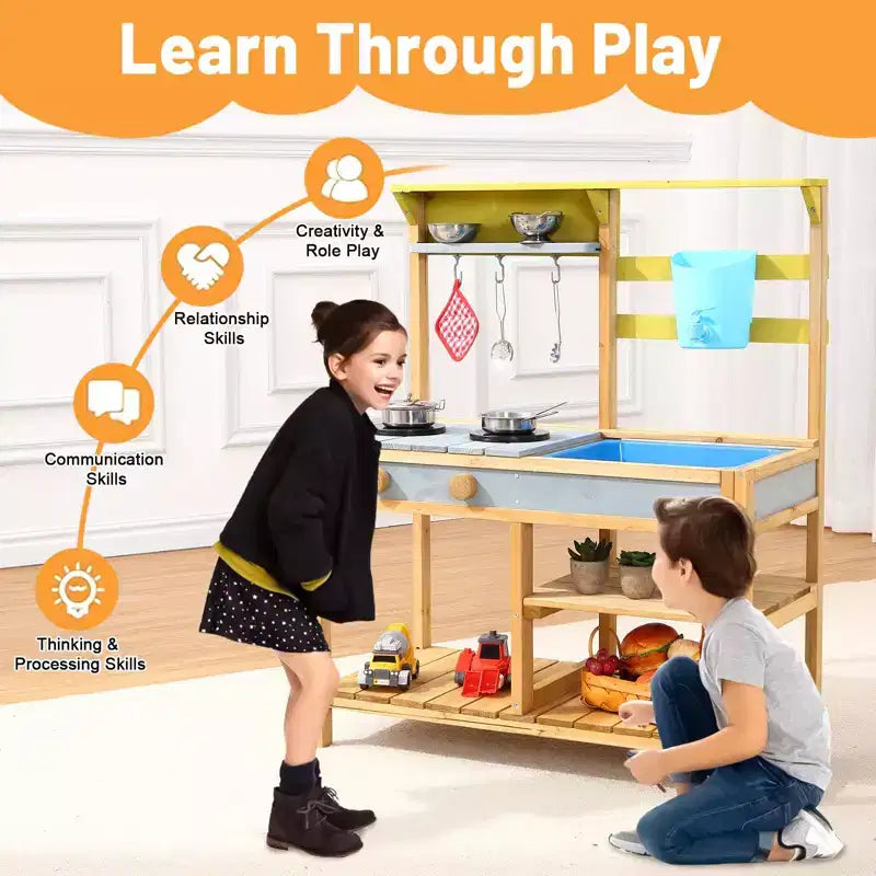 Mud Kitchen for Kids, Outdoor Wooden Pretend Play Kitchen Set for Toddler Toy Kitchen Set Gift for Girls & Boys Age 3+