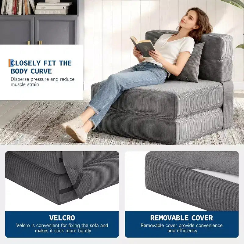 Folding Sofa Bed Sleeper Chair, Convertible Futon Couch with Pillow, Single Size Foldable Mattress for Living Room, Dorm, Apartment & Home Office