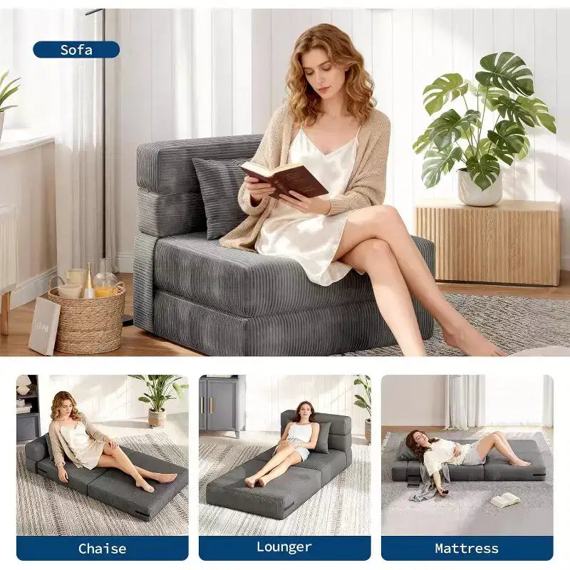 Folding Sofa Bed Sleeper Chair, Convertible Futon Couch with Pillow, Single Size Foldable Mattress for Living Room, Dorm, Apartment & Home Office