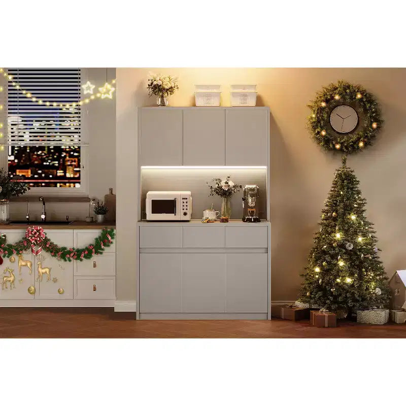 71 Kitchen Pantry Storage Cabinet with LED Light & Outlet, Kitchen Hutch with Microwave Shelf , Drawer & Adjustable Shelf, for Dining Room