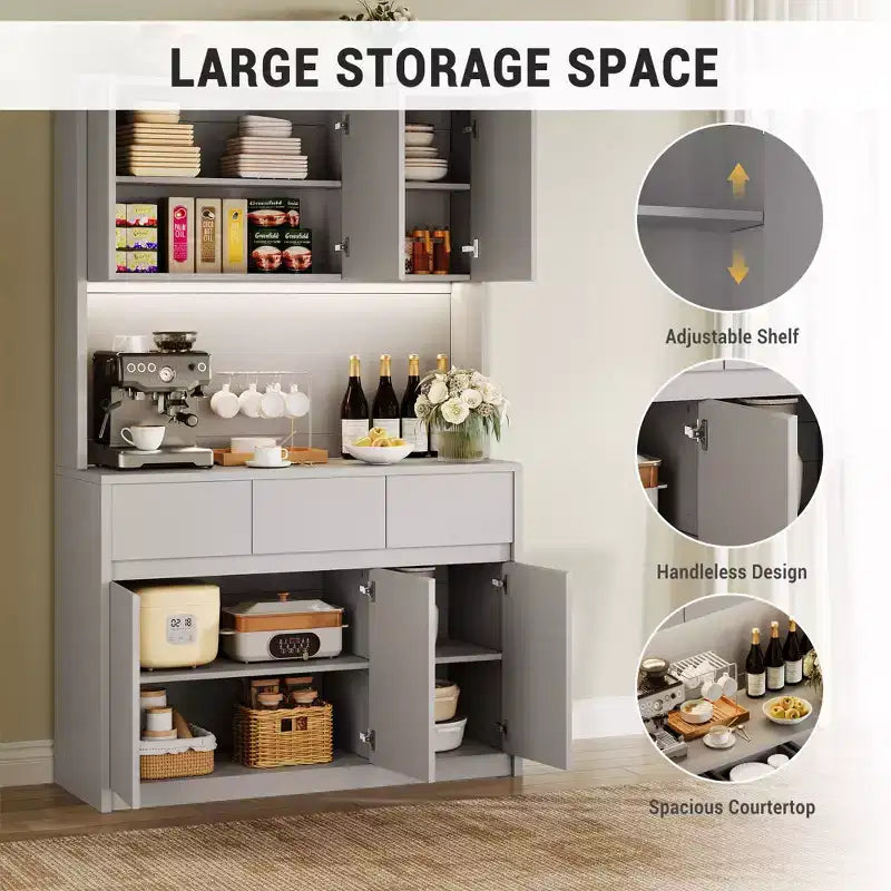 71 Kitchen Pantry Storage Cabinet with LED Light & Outlet, Kitchen Hutch with Microwave Shelf , Drawer & Adjustable Shelf, for Dining Room