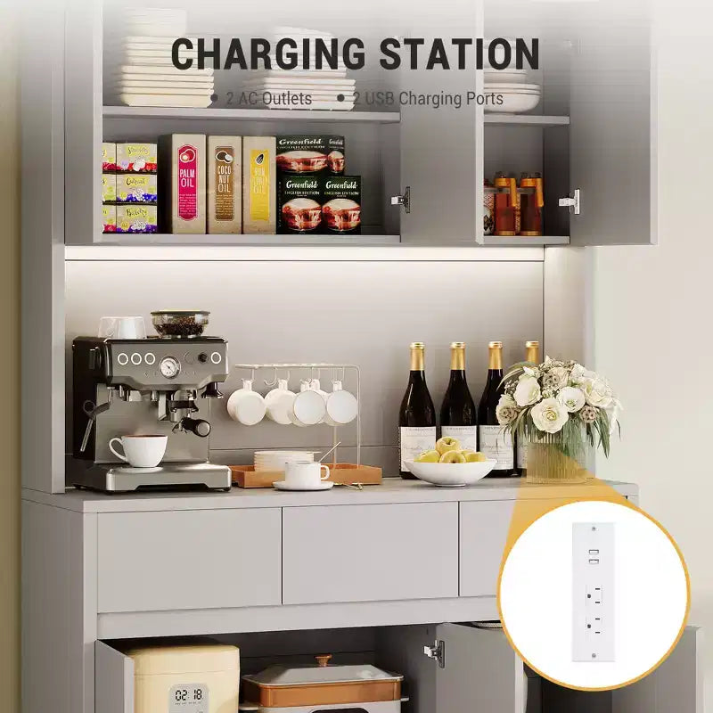 71 Kitchen Pantry Storage Cabinet with LED Light & Outlet, Kitchen Hutch with Microwave Shelf , Drawer & Adjustable Shelf, for Dining Room