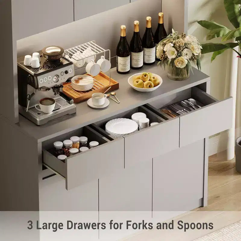 71 Kitchen Pantry Storage Cabinet with LED Light & Outlet, Kitchen Hutch with Microwave Shelf , Drawer & Adjustable Shelf, for Dining Room