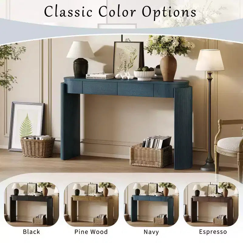 Okak 55.1IN Modern Console Table with Wood Grain Finish, Entryway Table with Oval Top and 2 Drawers, Accent Table for Living Room, Foyer, Navy