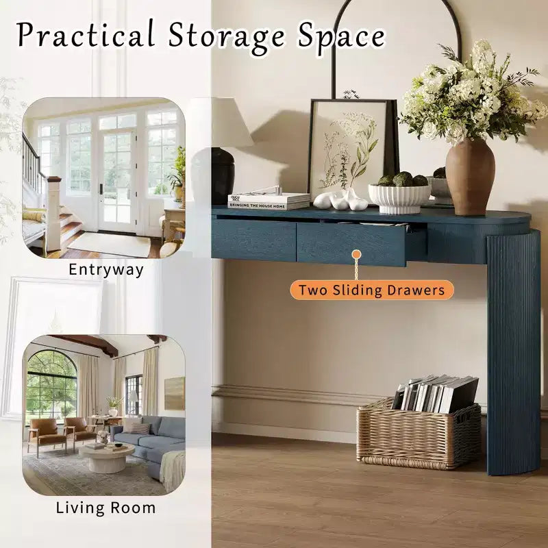 Okak 55.1IN Modern Console Table with Wood Grain Finish, Entryway Table with Oval Top and 2 Drawers, Accent Table for Living Room, Foyer, Navy