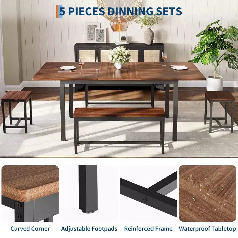 Kitchen Table Set ,Extendable Dining Table with 2 Benches and 2 Square Stools, Kitchen Table for 8 SeatingEasy Assembly