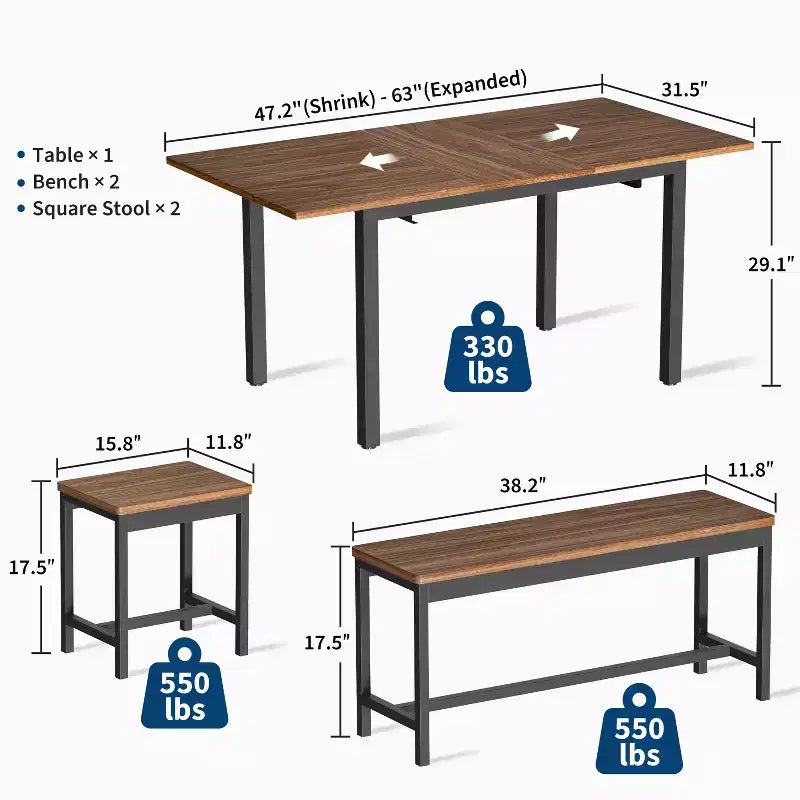Kitchen Table Set ,Extendable Dining Table with 2 Benches and 2 Square Stools, Kitchen Table for 8 SeatingEasy Assembly