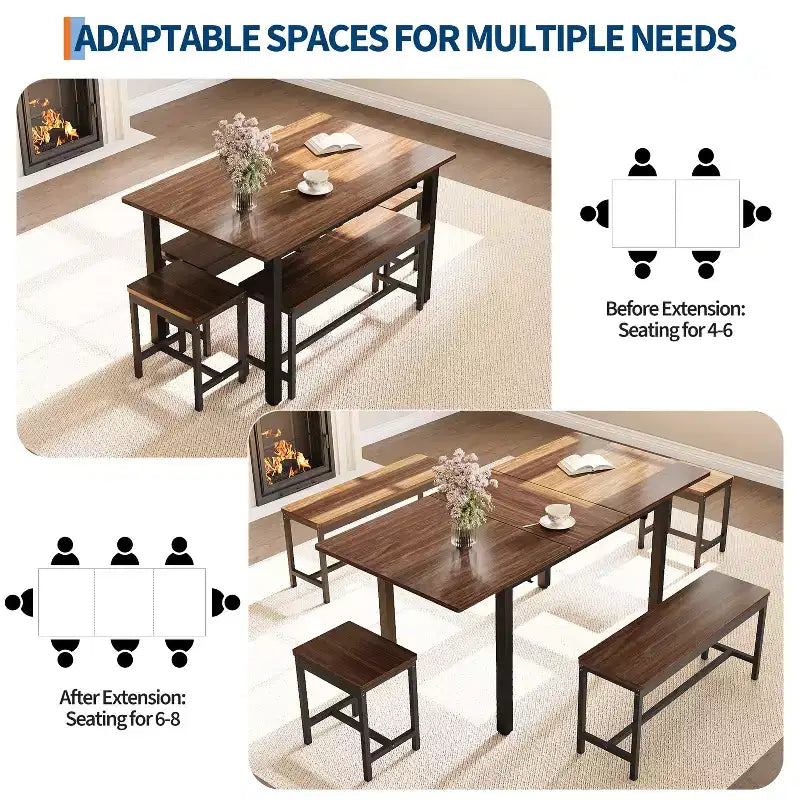 Kitchen Table Set ,Extendable Dining Table with 2 Benches and 2 Square Stools, Kitchen Table for 8 SeatingEasy Assembly