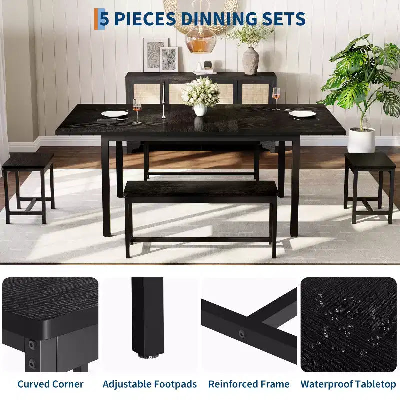 Kitchen Table Set ,Extendable Dining Table with 2 Benches and 2 Square Stools, Kitchen Table for 8 SeatingEasy Assembly