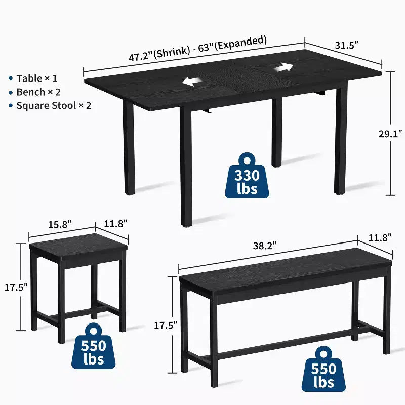 Kitchen Table Set ,Extendable Dining Table with 2 Benches and 2 Square Stools, Kitchen Table for 8 SeatingEasy Assembly