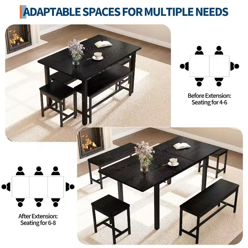 Kitchen Table Set ,Extendable Dining Table with 2 Benches and 2 Square Stools, Kitchen Table for 8 SeatingEasy Assembly