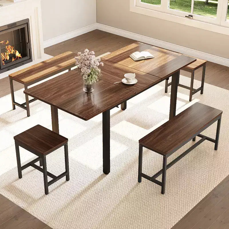 Kitchen Table Set ,Extendable Dining Table with 2 Benches and 2 Square Stools, Kitchen Table for 8 SeatingEasy Assembly
