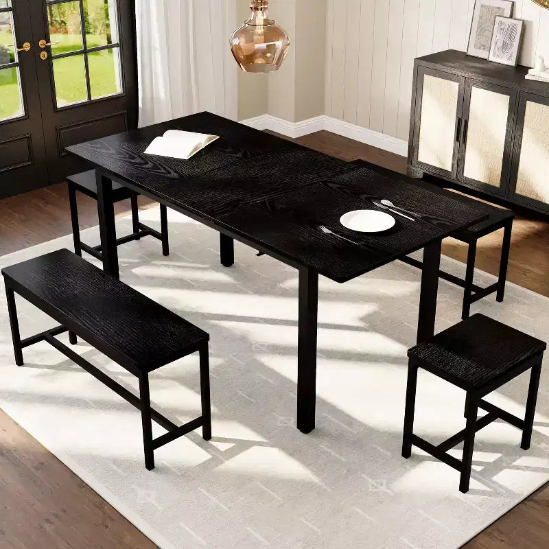 Kitchen Table Set ,Extendable Dining Table with 2 Benches and 2 Square Stools, Kitchen Table for 8 SeatingEasy Assembly
