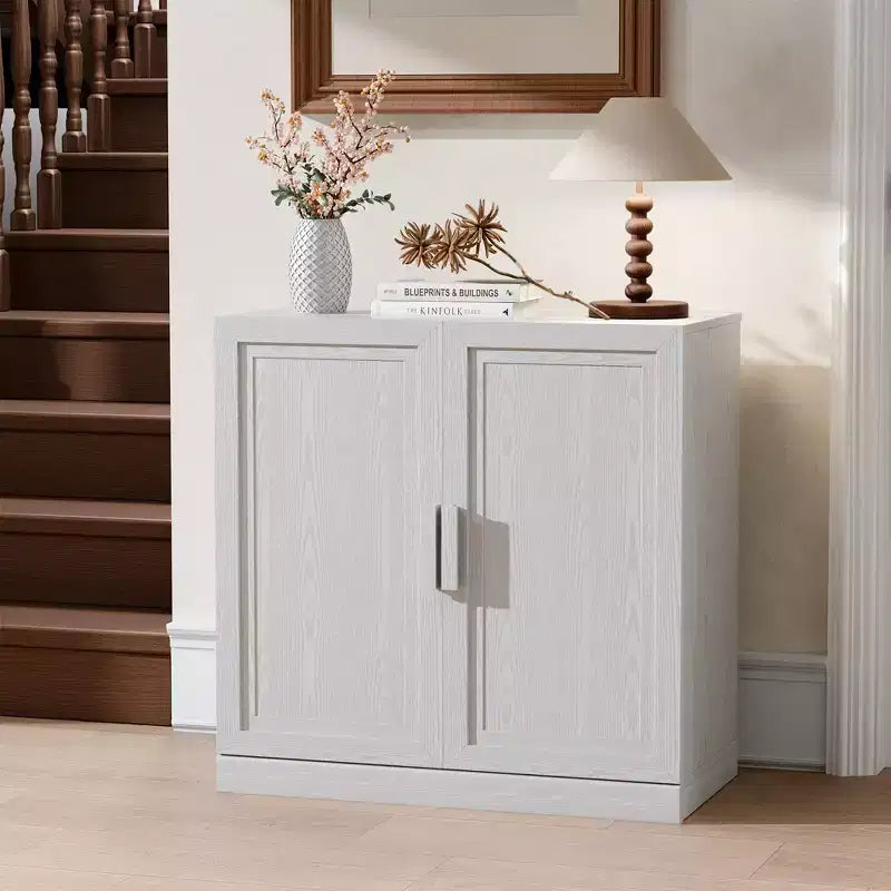 31 in. Tall Wood Grain Storage Cabinet in White, Storage Organizer with 2 Solid Wood Doors for Bedroom Living/Dinning Room