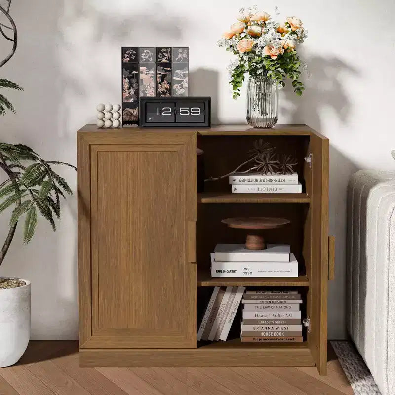 31 in. Tall Wood Grain Storage Cabinet in White, Storage Organizer with 2 Solid Wood Doors for Bedroom Living/Dinning Room