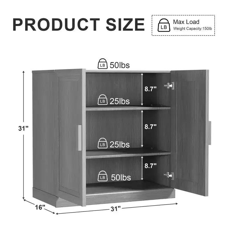 31 in. Tall Wood Grain Storage Cabinet in White, Storage Organizer with 2 Solid Wood Doors for Bedroom Living/Dinning Room