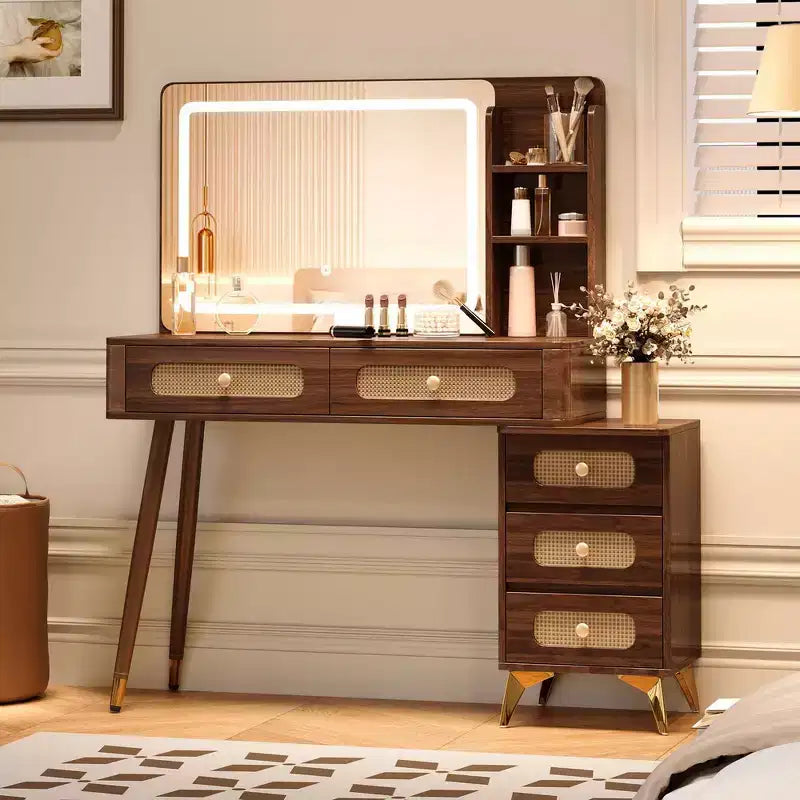 Whisen Makeup Vanity Table with Mirror, Lights, 5 Drawers and Storage Shelf