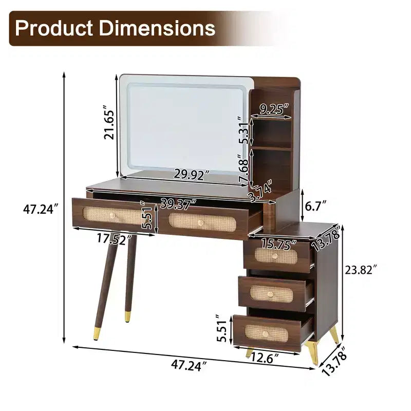 Whisen Makeup Vanity Table with Mirror, Lights, 5 Drawers and Storage Shelf