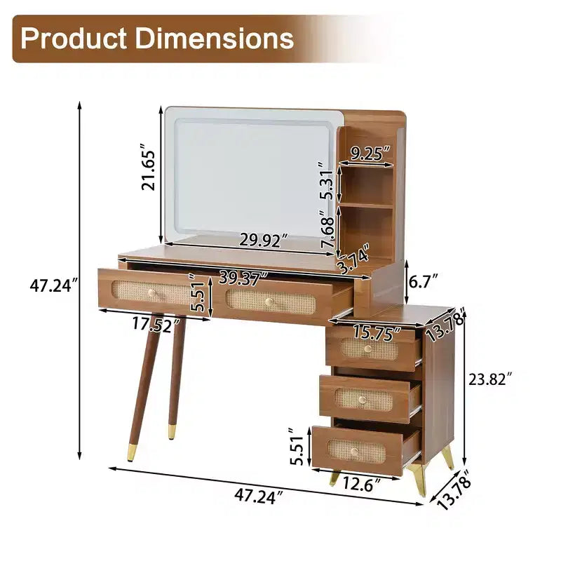 Whisen Makeup Vanity Table with Mirror, Lights, 5 Drawers and Storage Shelf