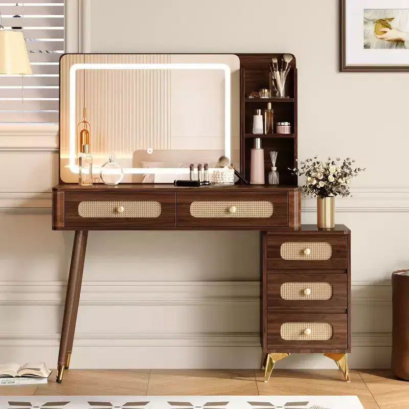Whisen Makeup Vanity Table with Mirror, Lights, 5 Drawers and Storage Shelf