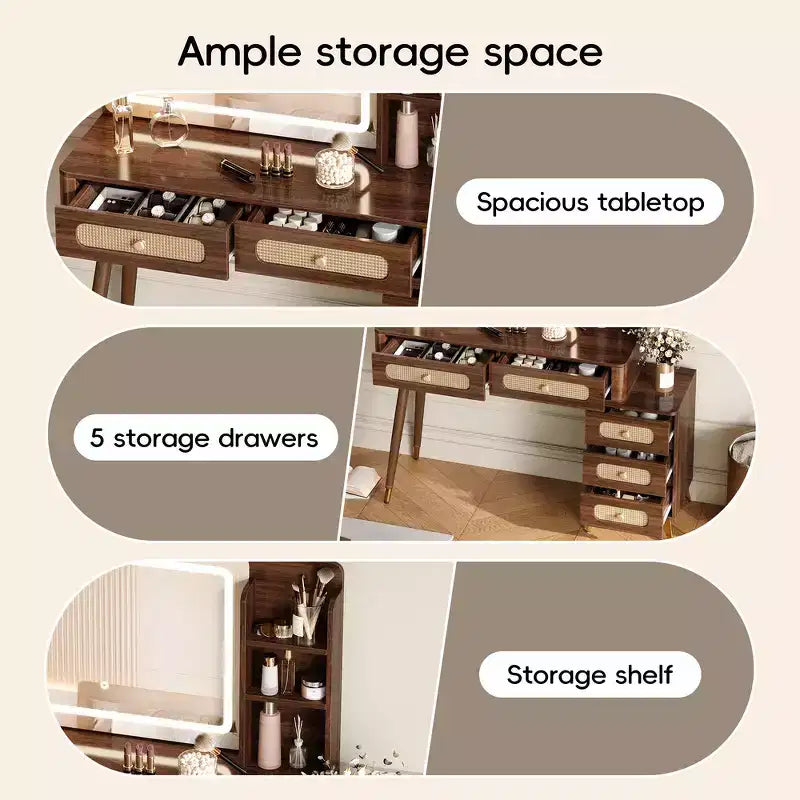 Whisen Makeup Vanity Table with Mirror, Lights, 5 Drawers and Storage Shelf